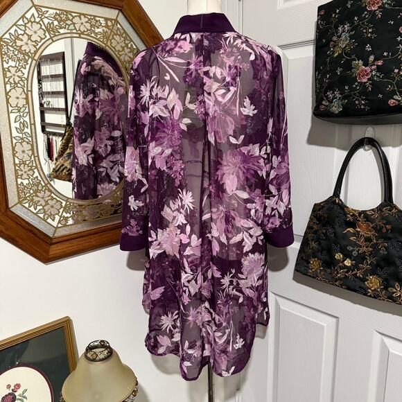 NWT R&M Collection Dark Purple & Silver Shimmery Sheer Floral Kimono Cardigan 16 - Picture 6 of 8